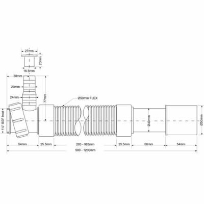 Гофра для сифона с накидной гайкой Ø 1 1/2" McAlpine L600-1500 D50 Dn40-50 мм купить в интернет-магазине Азбука Сантехники