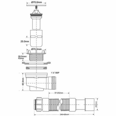 Сифон для поддона McAlpine (выпуск 70 мм) Ø 50/60–1 1/2" h=65 мм с гофрой 40/50 (L300–500 мм) купить в интернет-магазине Азбука Сантехники