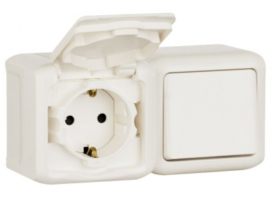 Legrand Quteo Белый Выключатель 1-клавишный + розетка с/з с защитными шторками с крышкой IP44 купить в интернет-магазине Азбука Сантехники