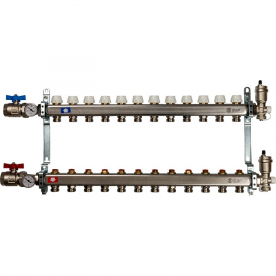 Коллектор STOUT из нержавеющей стали Ø 1", 12 выходов Ø 3/4", в сборе без расходомеров, с шаровыми кранами купить в интернет-магазине Азбука Сантехники