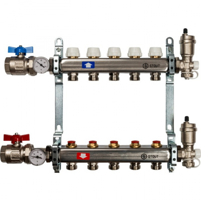 Коллектор STOUT из нержавеющей стали Ø 1", 5 выходов Ø 3/4", в сборе без расходомеров, с шаровыми кранами - купить в Москве в интернет-магазине по низкой цене
