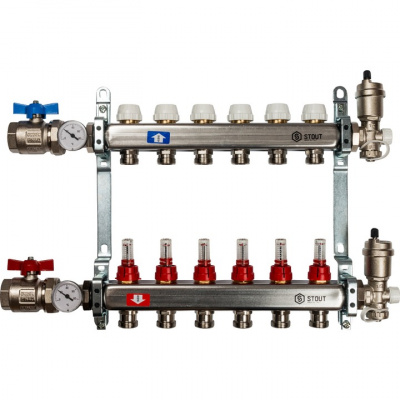 Коллектор STOUT из нержавеющей стали Ø 1", 6 выходов Ø 3/4", в сборе с расходомерами и шаровыми кранами купить в интернет-магазине Азбука Сантехники