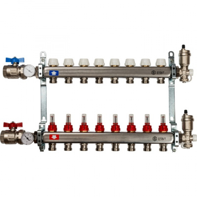 Коллектор STOUT из нержавеющей стали Ø 1", 8 выходов Ø 3/4", в сборе с расходомерами и шаровыми кранами купить в интернет-магазине Азбука Сантехники
