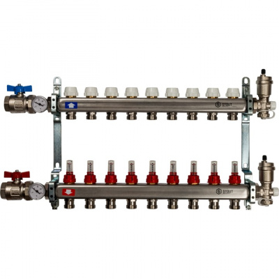 Коллектор STOUT из нержавеющей стали Ø 1", 9 выходов Ø 3/4", в сборе с расходомерами и шаровыми кранами купить в интернет-магазине Азбука Сантехники