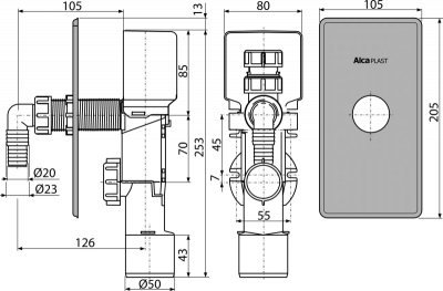 Сифон для стиральной машины AlcaPlast APS3P с разрывным клапаном, под штукатурку Ø 40 и Ø 50 мм, нержавеющая сталь купить в интернет-магазине Азбука Сантехники