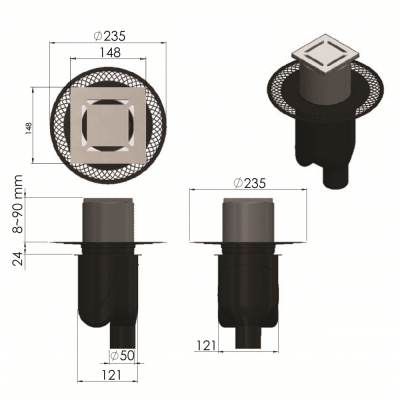 Трап Berges PLATZ Norma 150 × 150, хром глянец, S-сифон D50/105 H50, вертикальный купить в интернет-магазине Азбука Сантехники