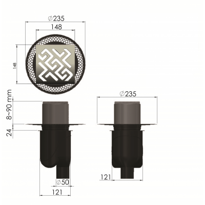 Трап Berges PLATZ Antik 150 × 150, золото глянец, S-сифон D50/105 H50, вертикальный купить в интернет-магазине Азбука Сантехники