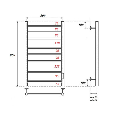 Полотенцесушитель электрический Point Аврора, 500 × 800, диммер справа, черный купить в интернет-магазине Азбука Сантехники